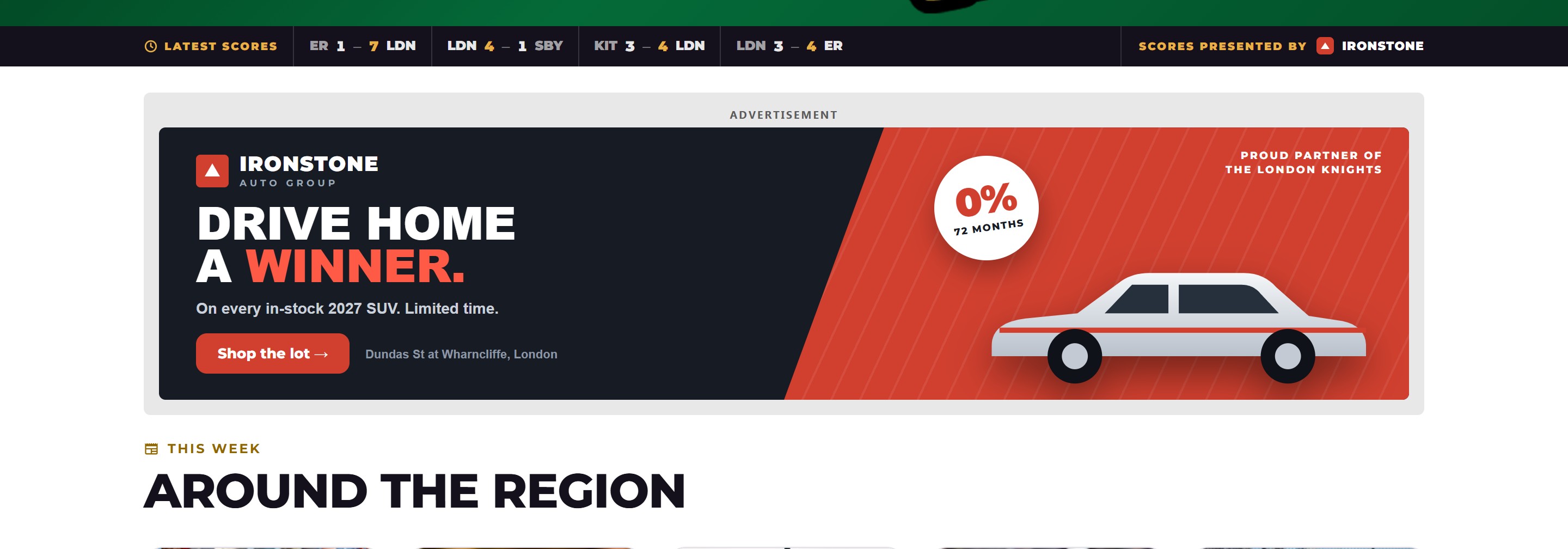 The live scores bar credited to Ironstone, with a large red Ironstone ad directly below it on the homepage.