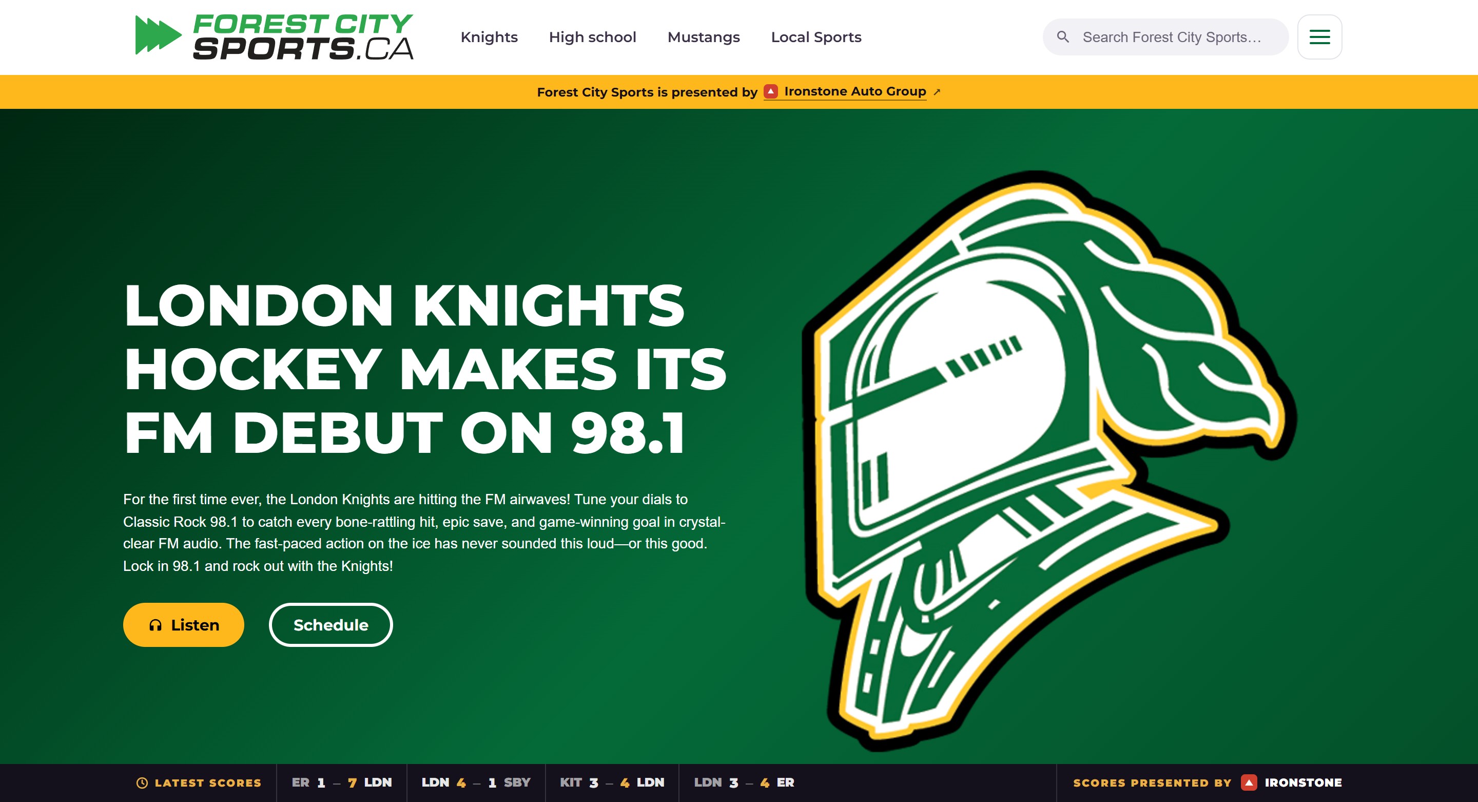 The Forest City Sports homepage with a gold bar under the menu reading 'Forest City Sports is presented by Ironstone Auto Group', and 'Scores presented by Ironstone' on the live scores bar.