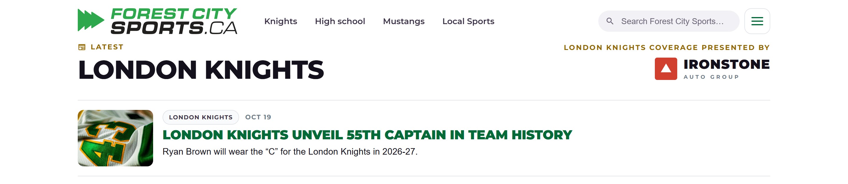 The London Knights page with 'London Knights coverage presented by Ironstone Auto Group' across from the page title.