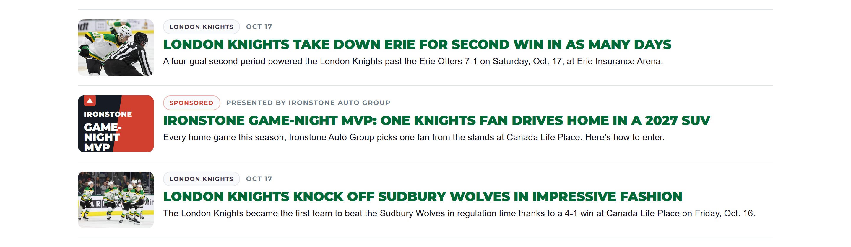 A sponsored Ironstone story about a Game-Night MVP contest, shown between the latest Knights news stories.