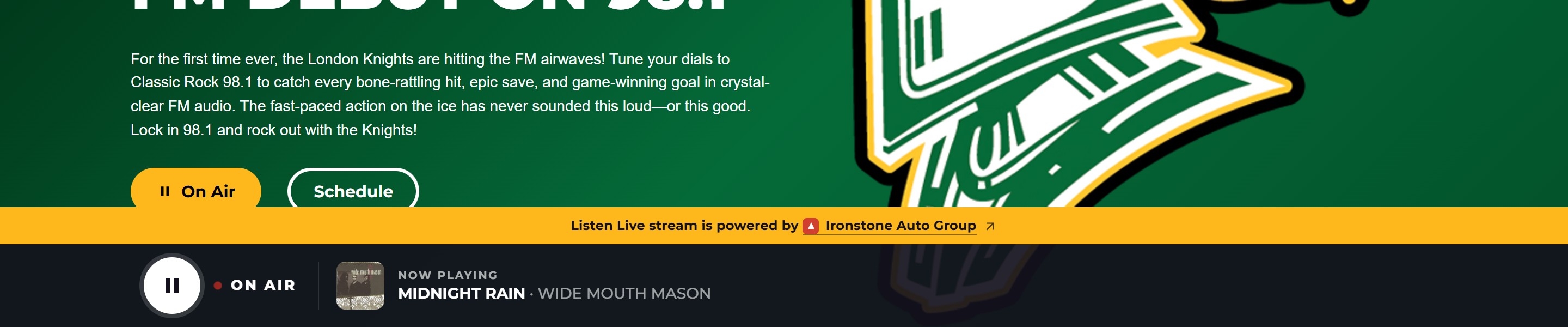 The live audio player with a gold bar reading 'Listen Live stream is powered by Ironstone Auto Group' above the On Air controls.